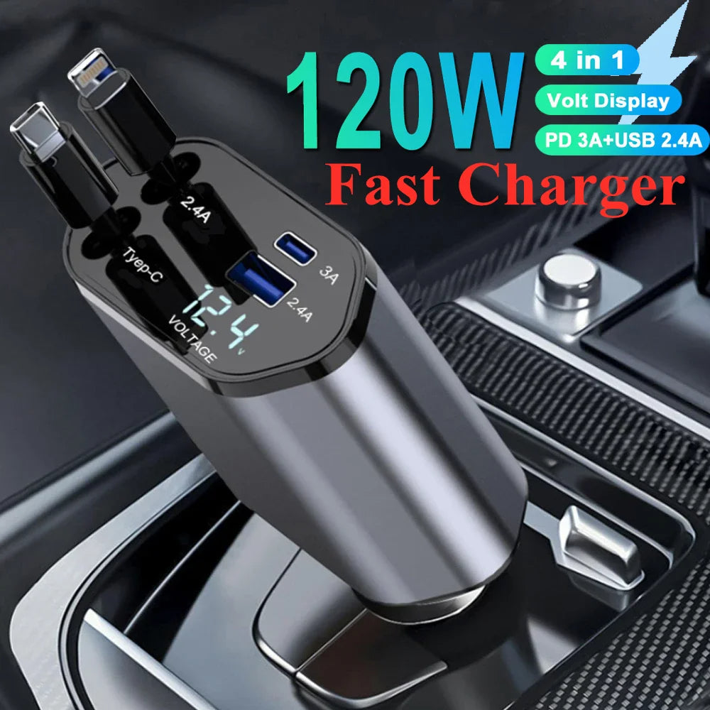 4 In 1 Retractable Car Charger 120W