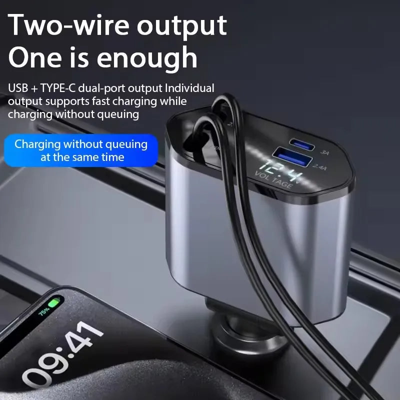 4 In 1 Retractable Car Charger 120W